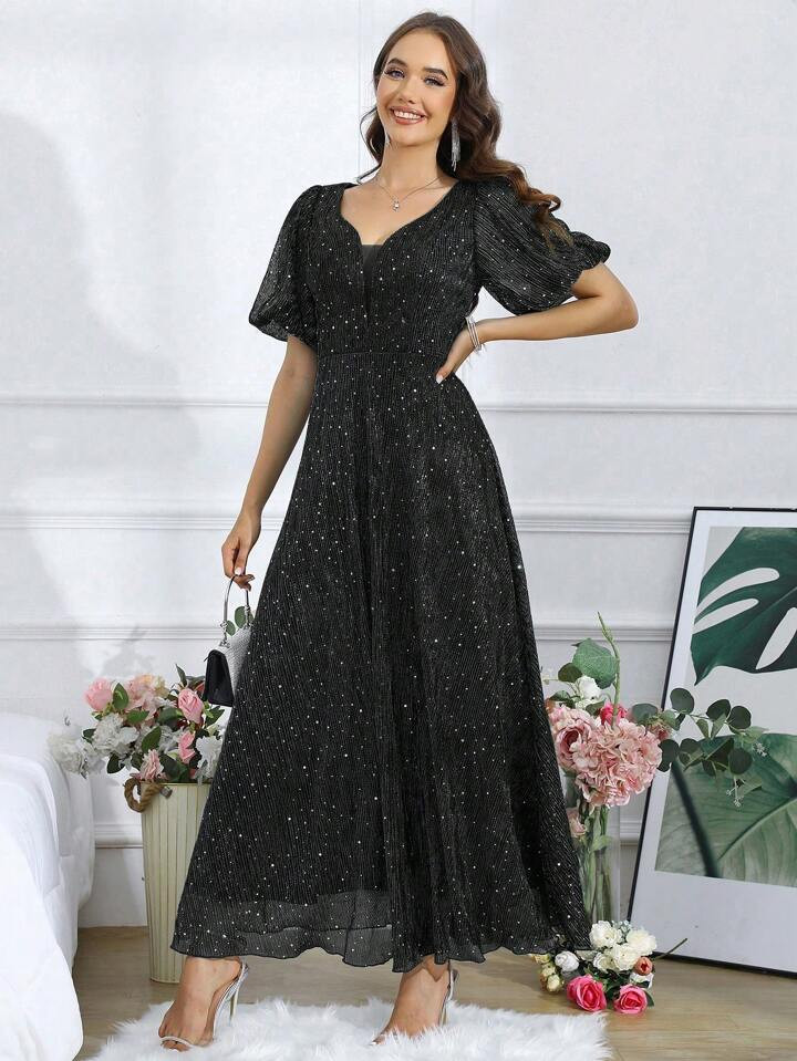shein black and white formal dress SHEIN Modely 1pc Women Elegant Knitted Black Contrast Lace Cinched Wai |  Dress main image 1