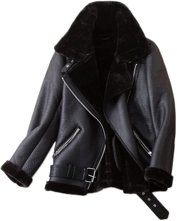 LY VAREY LIN Women's Faux Shearing Moto Jacket Thick Lined Parka Winter Shearling Coat Leather Ja... | Amazon (US)