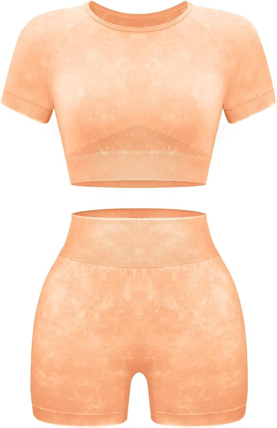 OLCHEE Womens Workout Sets 2 Piece - Seamless Acid Wash Yoga Outfits Shorts and Crop Top Matching... | Amazon (US)