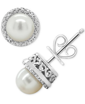 Macy'sCultured Freshwater Pearl & Diamond Accent Stud Earrings in Sterling Silver (Also in Onyx, ... | Macy's