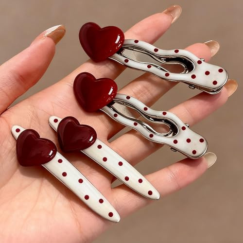 Red Dots 3D Heart Decorative Cute Hair Clips Silver Metal Hair Clip Barrettes For Women Girls Kawaii Pretty Willow Wave Hairpins Hairclips Side Bangs Duckbill Alligator Clips For Hair Accessories | Amazon (US)