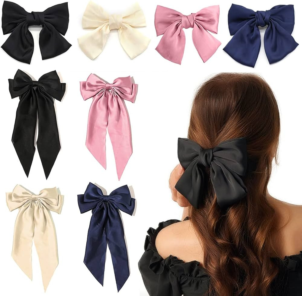 8Pcs Big Bow Hair Clips, FHDUSRYO Solid Color Large Hair Bow Pins Bowknot, French Barrette with L... | Amazon (US)