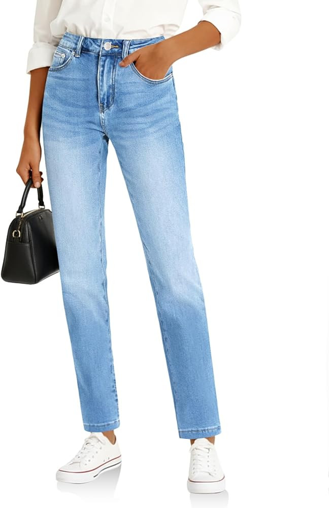Cicy Bell Womens Straight Leg Jeans High Waisted Mid Rise Stretchy Denim Pants Tapered Petite Jea... | Amazon (US)