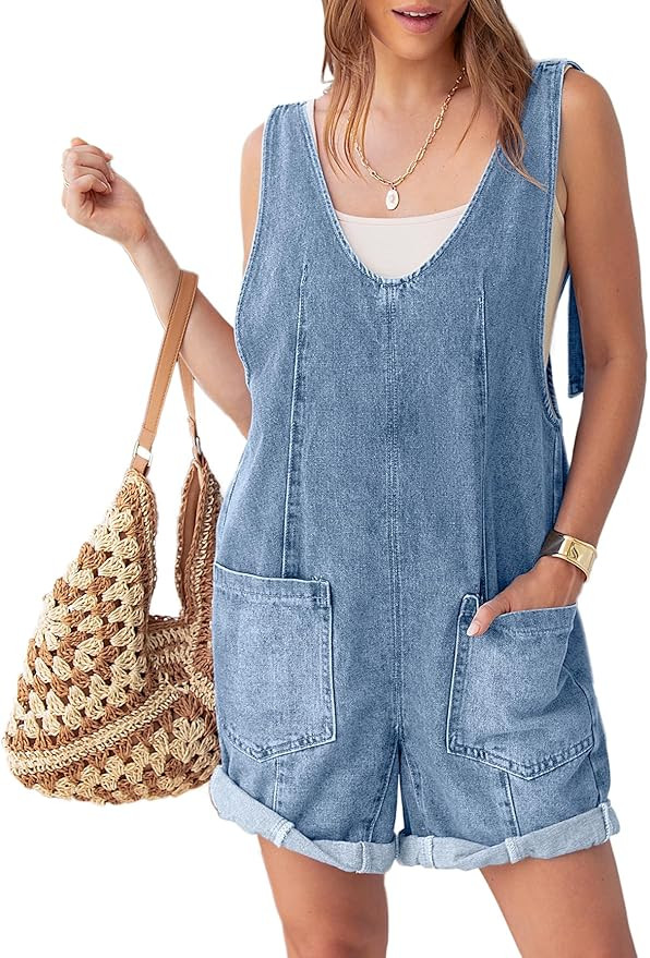 Glamaker Womens Denim Romper Overalls Casual Sleeveless V Neck Jean Overall Shorts Jumpsuit Summe... | Amazon (US)