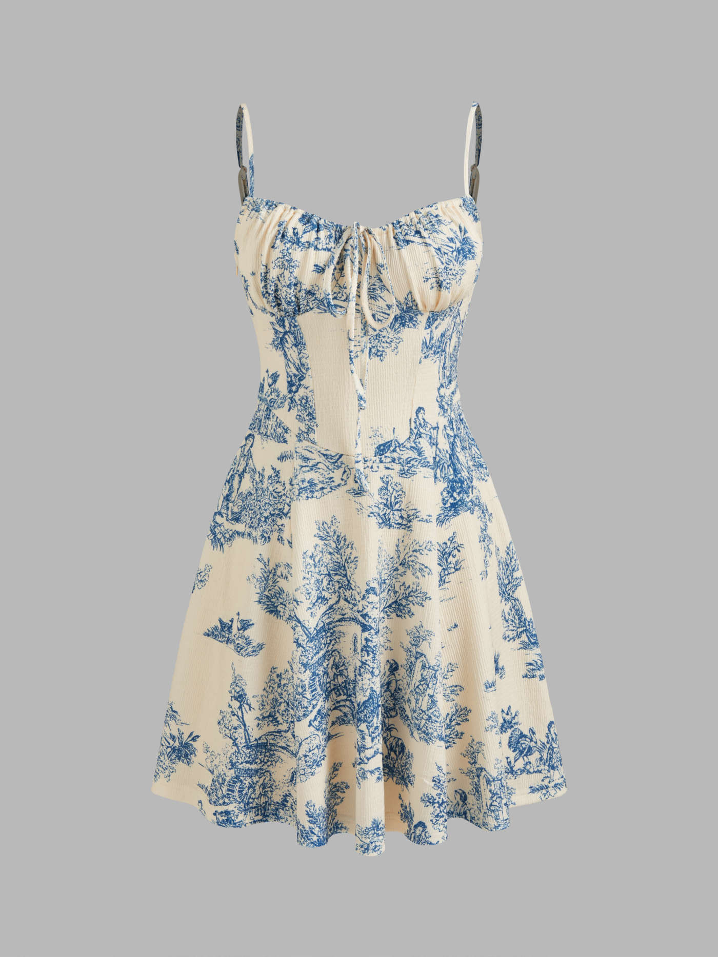 Sweetheart-Ausschnitt Toile de Jouy Schnür Korsett Geknotetes Kurzes Kleid | Cider