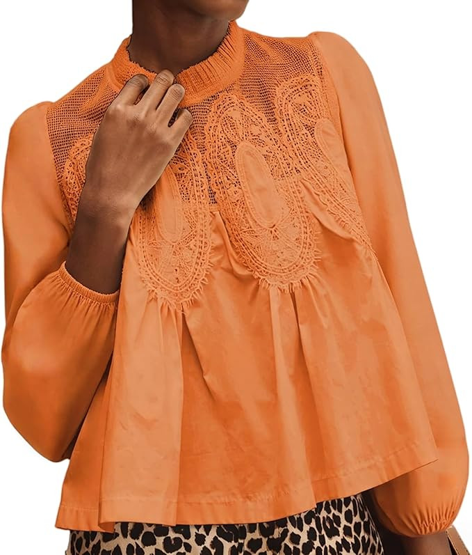 Womens Lace Mesh Flared Blouse Long Sleeve Crew Neck Trendy Floral Embroidered Sheer Lace Poplin ... | Amazon (US)
