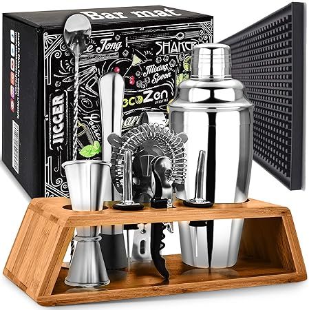 Cocktail Set with Bar Mat | Bartender Mixing Tool Kit with Elegant Wooden Stand | Premium Bar Set... | Amazon (US)