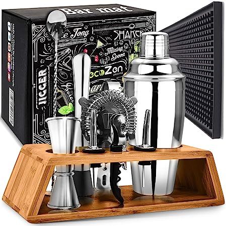 Cocktail Set with Bar Mat | Bartender Mixing Tool Kit with Elegant Wooden Stand | Premium Bar Set... | Amazon (US)