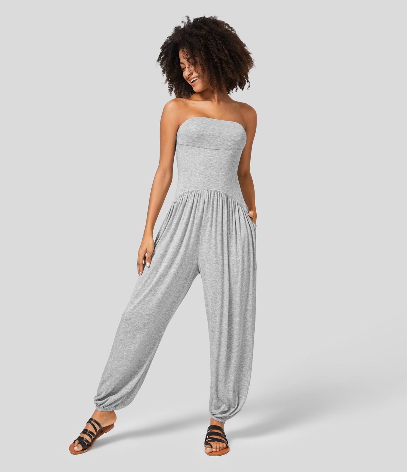 Women’s Ribbed Tube Backless Plicated Side Pocket Casual Jumpsuit - Halara | HALARA