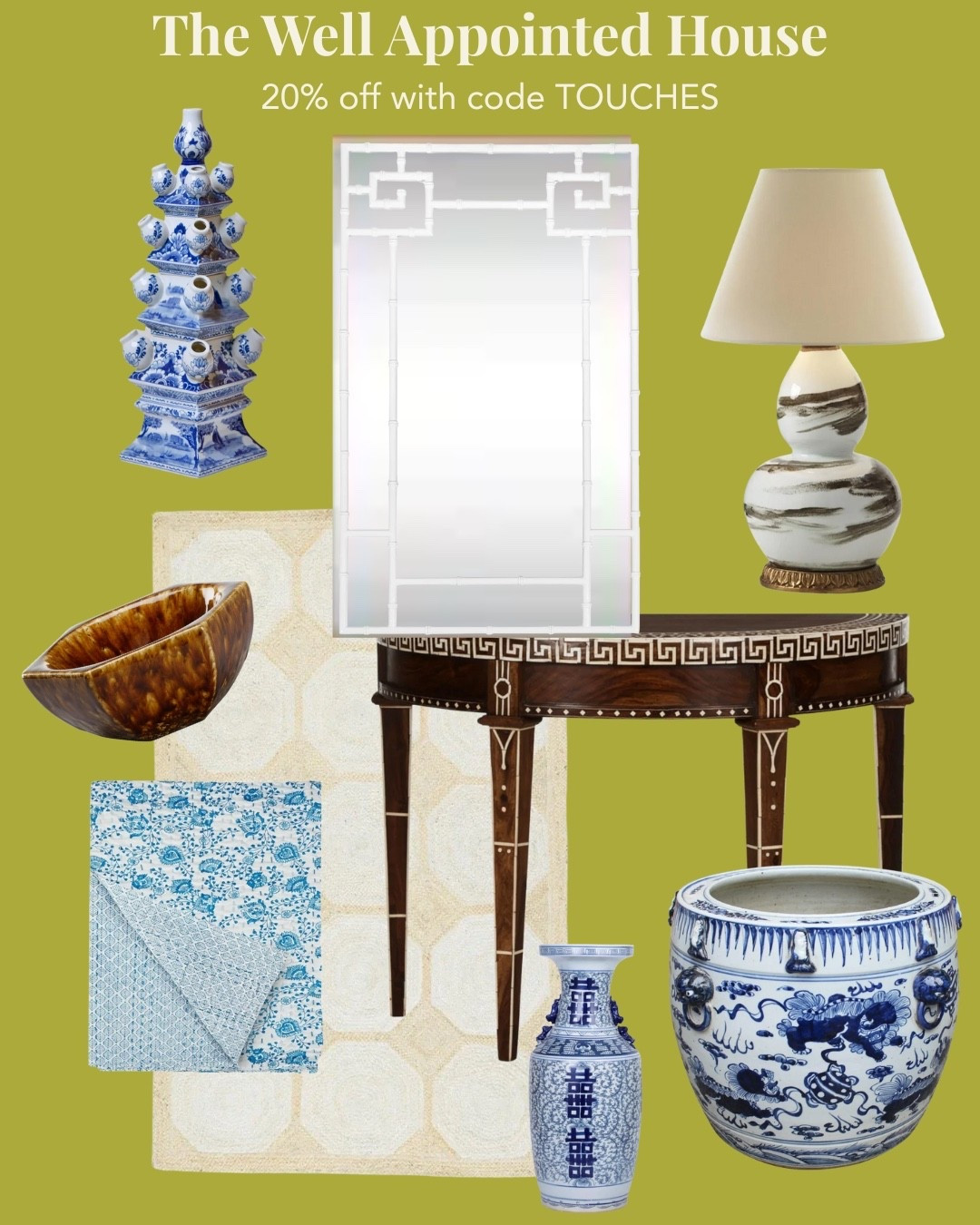 20% off with code TOUCHES 
Chinoiserie tulipiere 
Greek key mirror 
Bunny Williams lamp 
Chinoiserie fish bowl 

#LTKHome #LTKSaleAlert