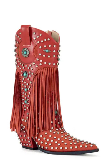 AZALEA WANG Greyson Fringe & Stud Cowboy Boot in Red at Nordstrom Rack, Size 6.5 | Nordstrom Rack