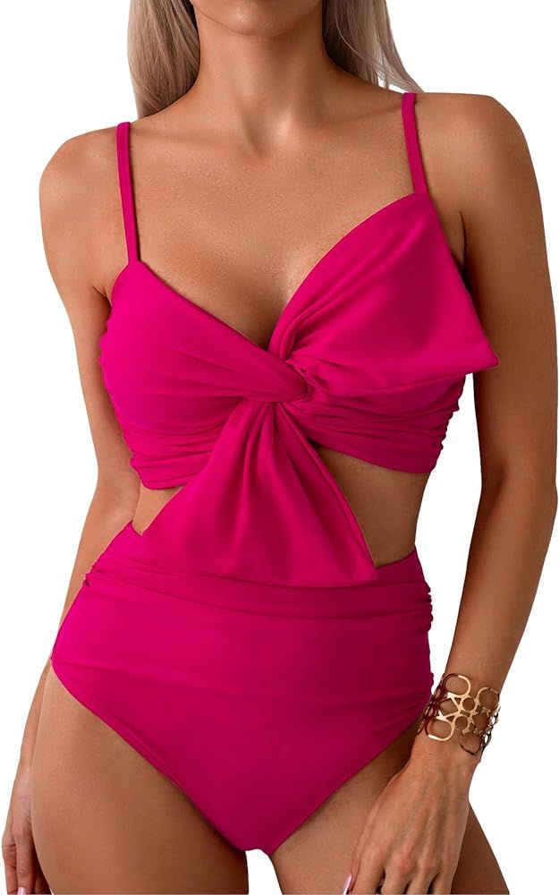 MakeMeChic Women's Two Piece Bikini Sets Twist Front Swimsuit Ruched High Waisted Bathing Suit | Amazon (US)