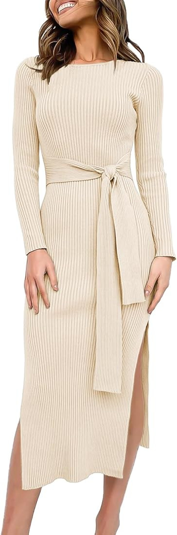 ANRABESS Womens Fall Outfits Dress | Long Sleeve Sweater, Crew Neck, Slim Fit, Slit Tie Waist | Amazon (US)
