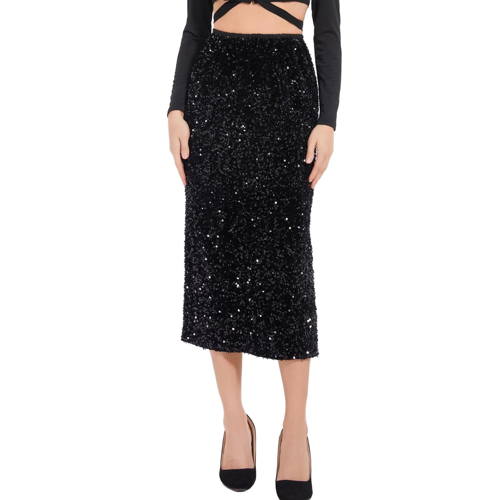 TIANZEN Women’s Sequin Velvet Skirt Elastic High Waist Split Hem Night Out Party Maxi Skirt Lea... | Walmart (US)