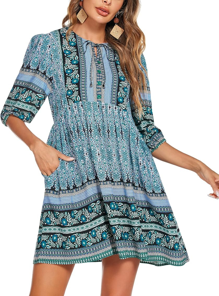 Chigant Woman Summer Boho Tunic Floral V Neck Dress Swing Casual Loose Vintage Long Sleeve with Pock | Amazon (US)
