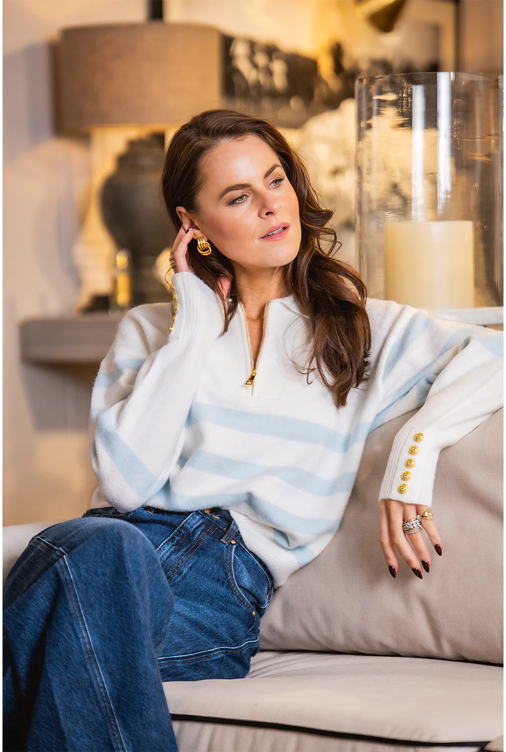 Lydia Quarter Zip Knit (Natural Powder Blue) | Holland Cooper