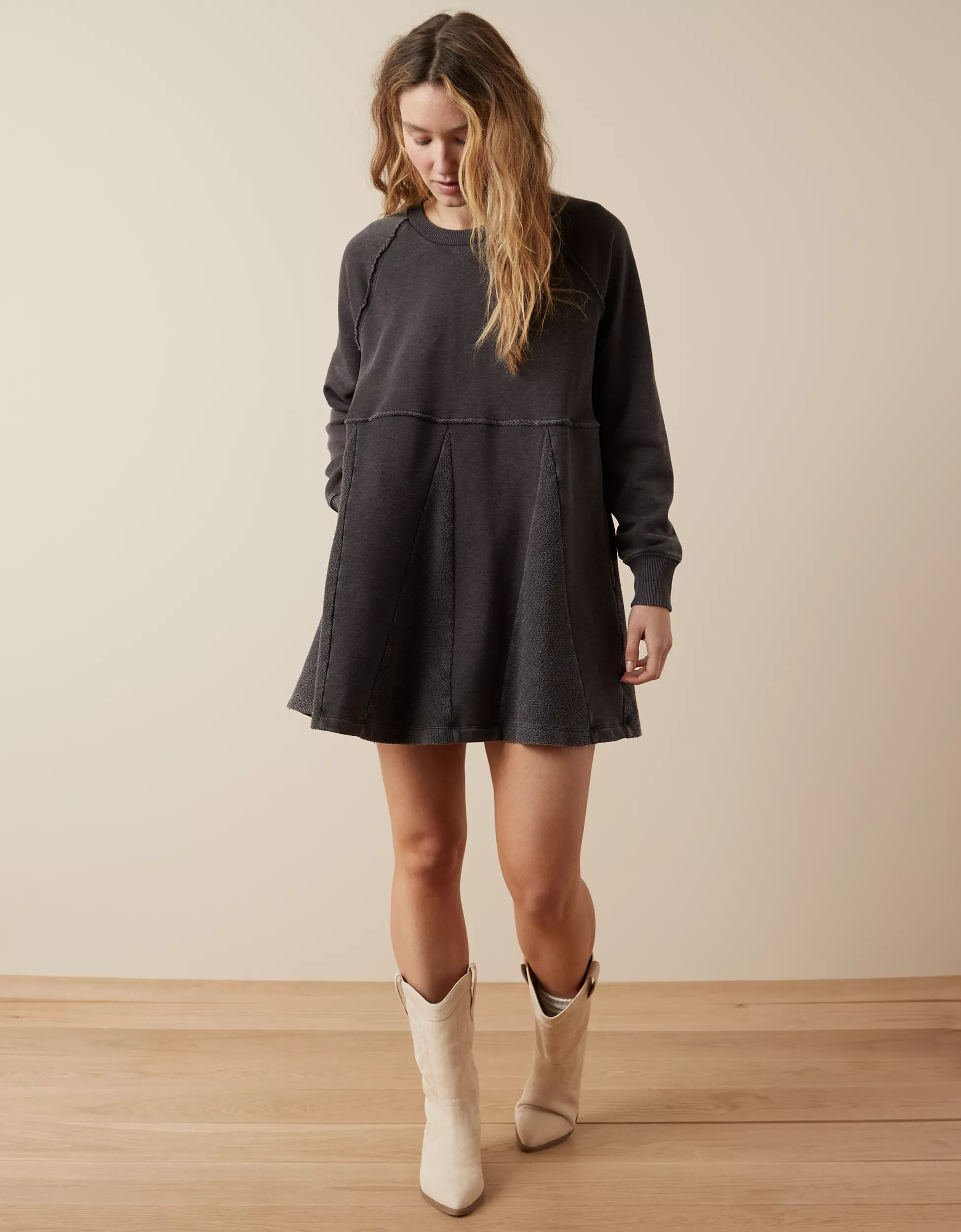 AE Fleece Long-Sleeve Babydoll Mini Dress | American Eagle Outfitters (US & CA)