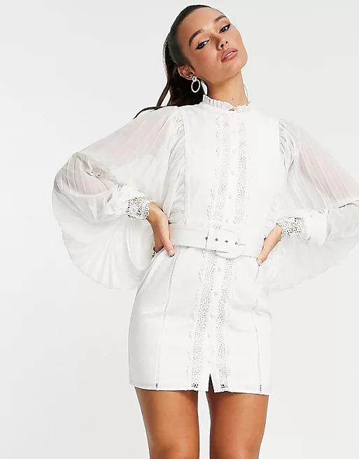 ASOS DESIGN mini dress with pleated sleeve and guipure lace trim in white | ASOS (Global)