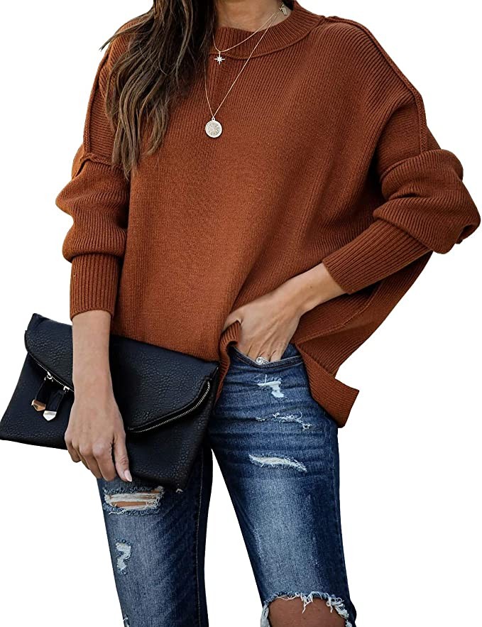 SERAIH Womens Batwing Sleeve Knit Pullover Crewneck Oversized Solid Side Split Sweaters Loose Top... | Amazon (US)