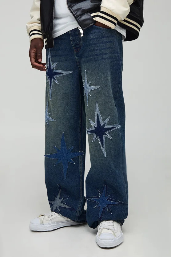 Tall Star Applique Relaxed Fit Jeans | boohooMAN (DE, IE & UK)