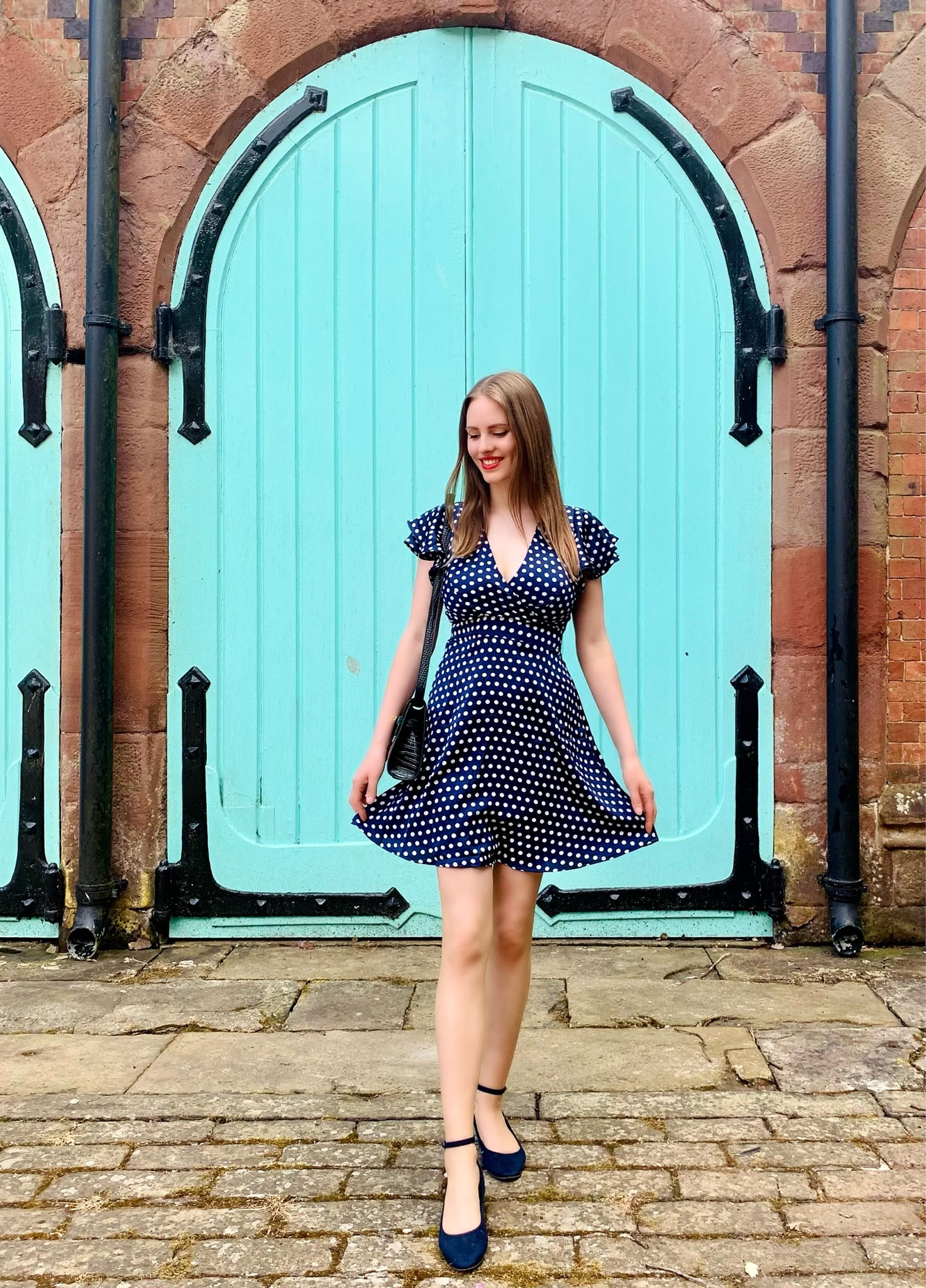 blue vanilla polka dot dress Rihoas Polka Dot Lace Trim V Neck Midi Dress main image 1