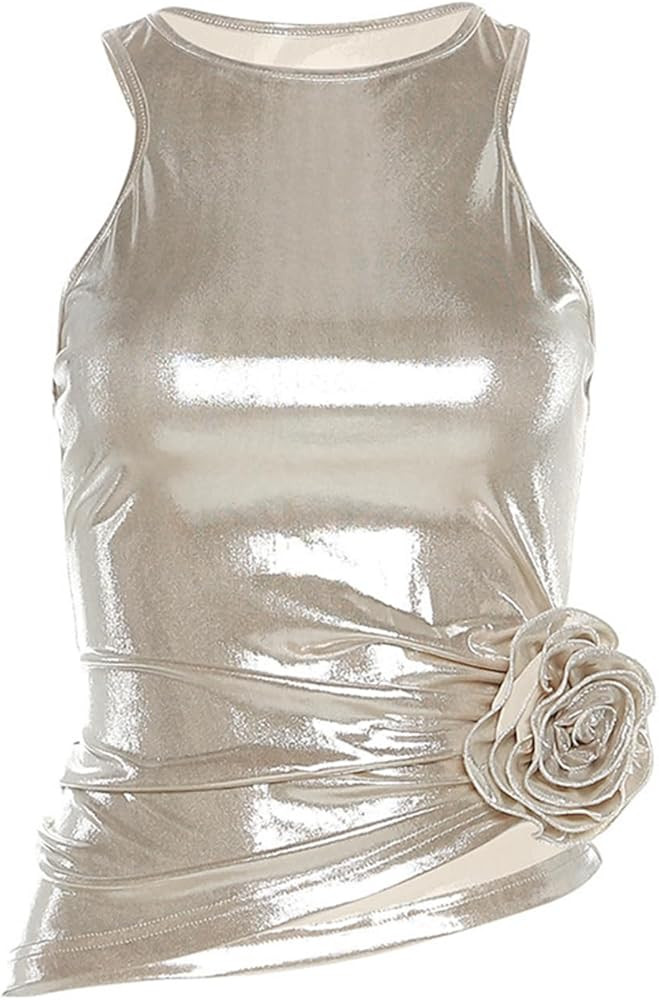 Women's Shiny Metallic Asymmetrical Cute Tank Tops | Amazon (US)