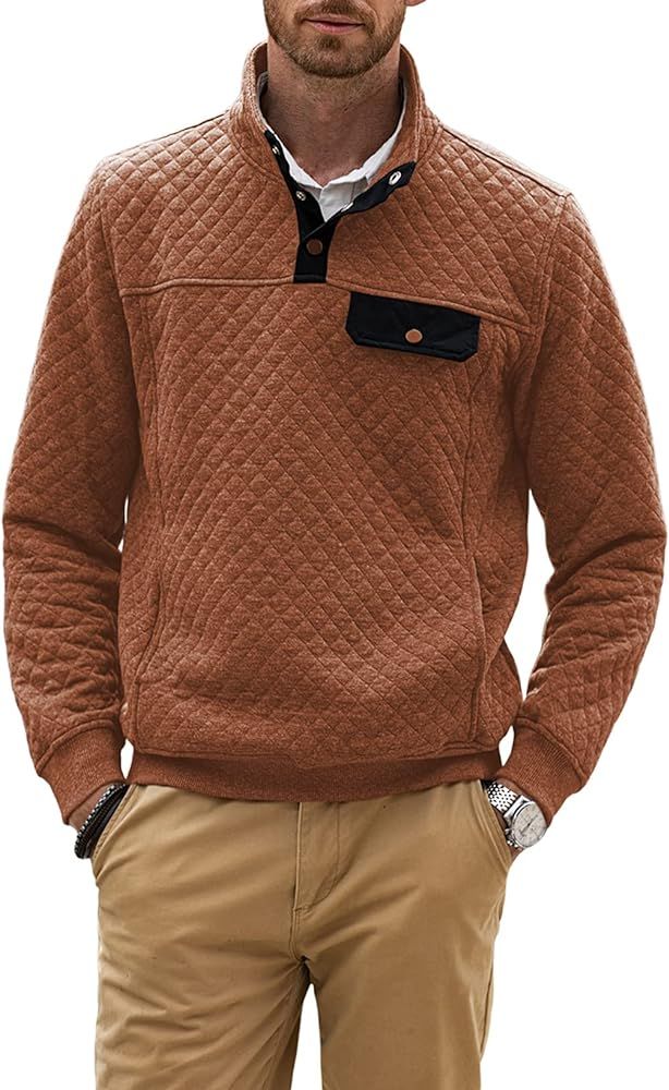 JMIERR Mens Quilted Sweatshirt Casual Long Sleeve Outdoor Stand Collar Button Pullover Sweatshirt... | Amazon (US)