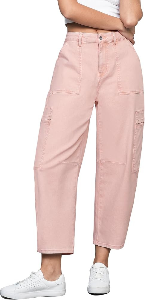 GRAPENT Barrel Jeans for Women Trendy High Waisted Cropped Cargo Pocket Baggy Stretch Denim Pants... | Amazon (US)