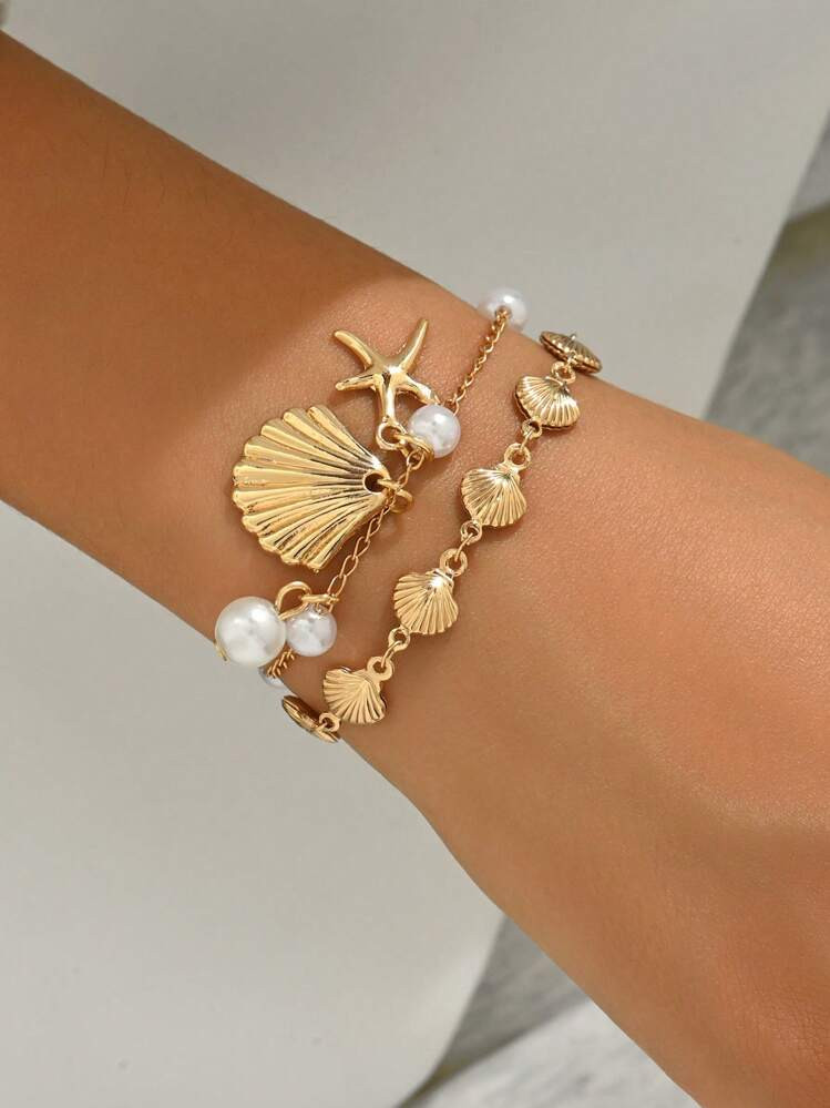2pcs/Set Beach Vacation Style Metal Alloy Shell, Starfish & Faux Pearl Pendant Bracelet Set, Handmade Versatile Jewelry Suitable For Women's Daily, Beach, Date, Party & Music Festival Wear. The Handmade Chain Length Can Be Customized. | SHEIN