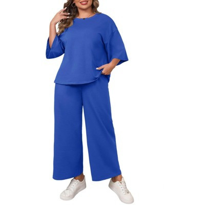Imily Bela Womens Plus Size 2 Piece Outfits 3/4 Sleeve Tops and Wide Leg Pants Loungewear Pajamas Sets Blue 2XL | Target