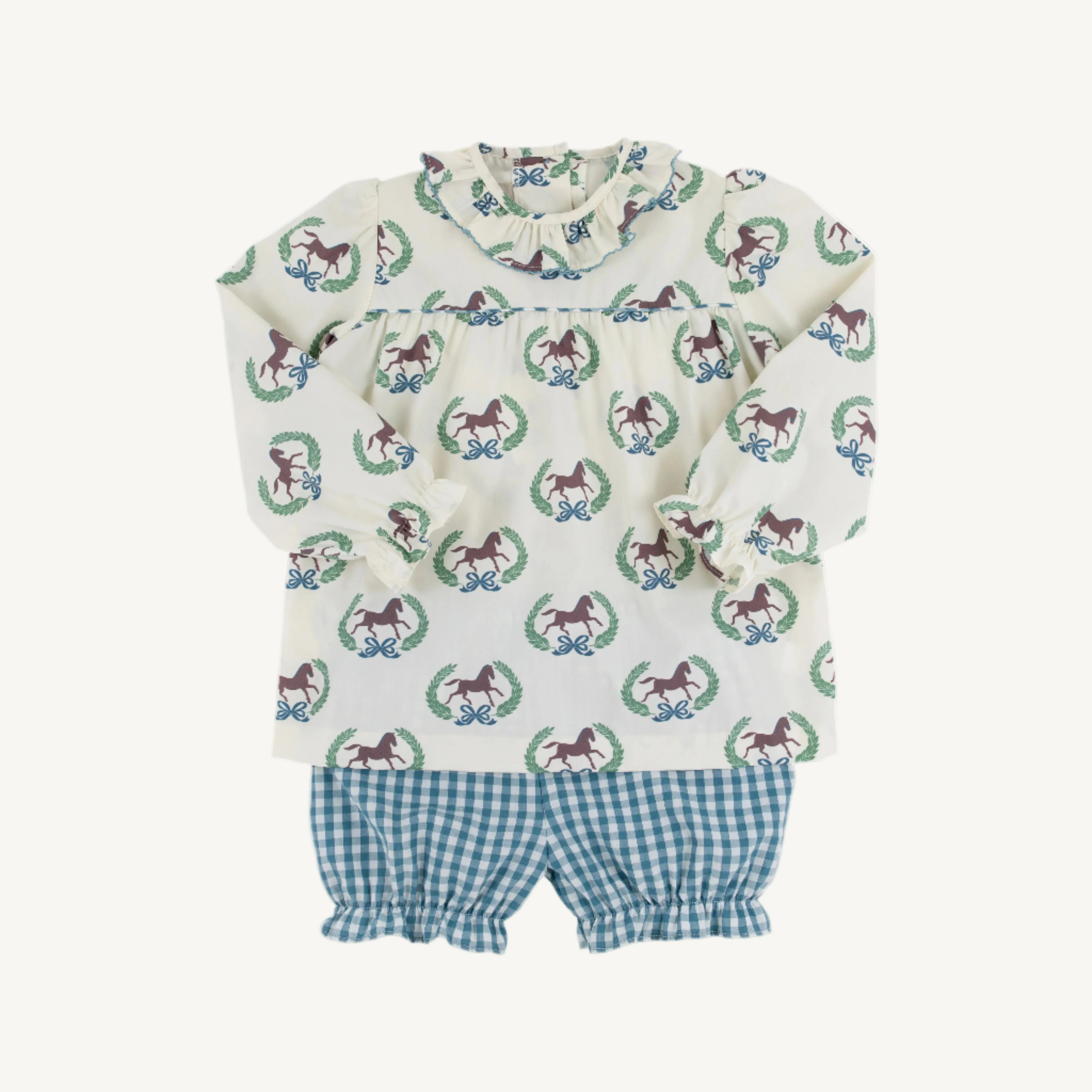 Bon Air Bloomer Set - Highland Horses with Barnsley Blue Gingham | The Beaufort Bonnet Company