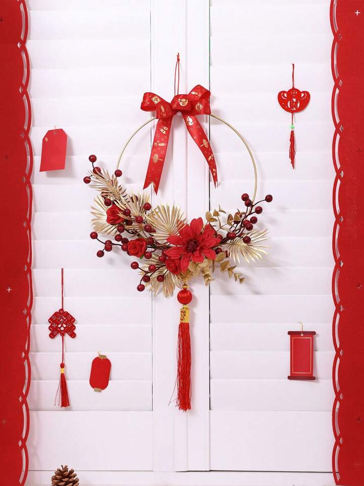 1PC 33CM Simulation New Year Camellia Red Fruit Round Wreath Hanging Decoration Home Chinese New ... | SHEIN