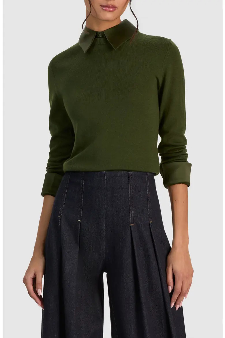 ALICE + OLIVIA Porla Collared Sweater in Dark Fern at Nordstrom, Size Large | Nordstrom