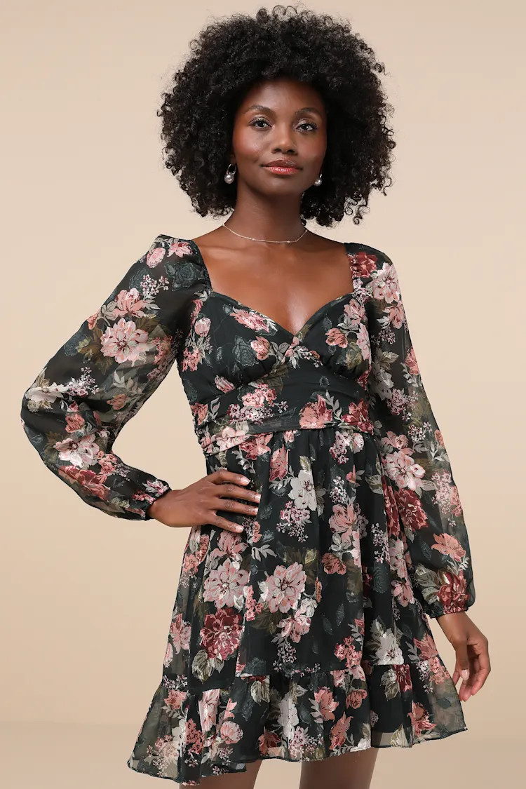 Truly Adorable Green Floral Burnout Balloon Sleeve Mini Dress | Lulus
