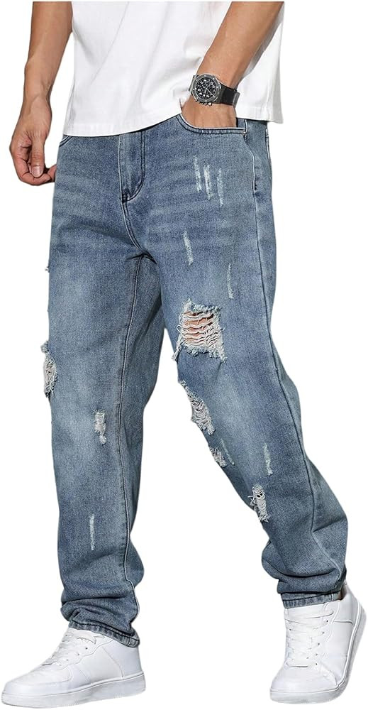 Verdusa Men's Vintage Distressed Ripped Jeans Straight Leg Denim Pants with Pockets | Amazon (US)