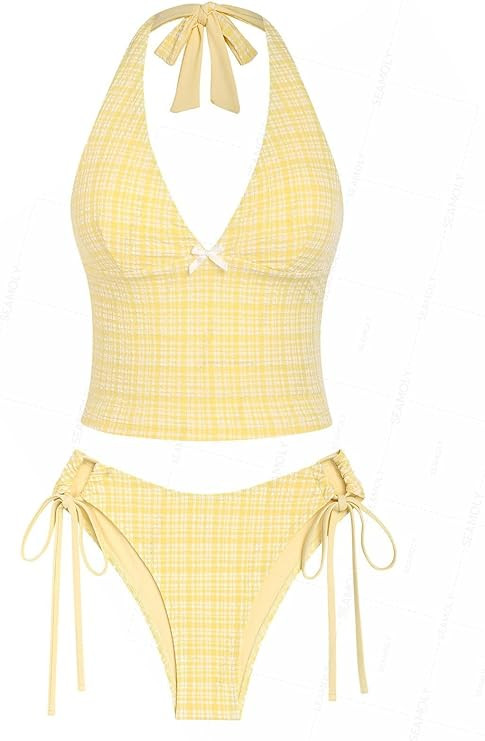 seamoly Vintage Gingham Halter Tank Top & Cinched Tie Side Tankini Set | Amazon (US)