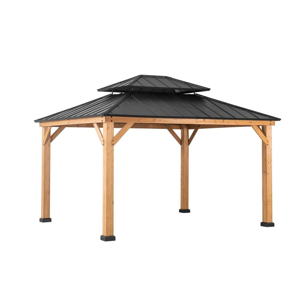 Sunjoy Archwood 13 ft. x 11 ft. Cedar Frame Gazebo with Double Tier Steel Roof Hardtop-A102007500... | The Home Depot