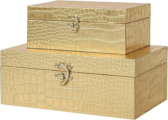 Set of 2 Wooden Decorative Nesting Storage Boxes, Gold Crocodile Leather with Clasp for Home Kitc... | Amazon (US)