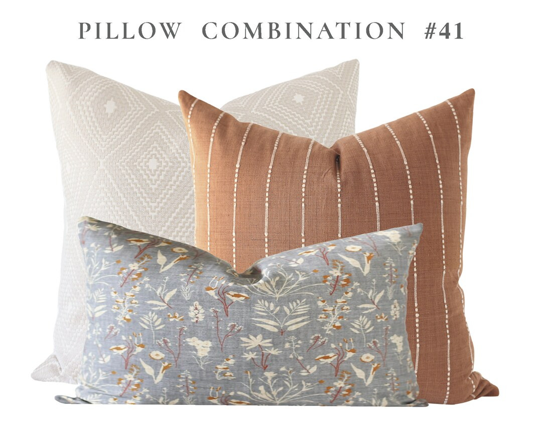 Pillow Combination Set, Wildflower Pillow, Rust Linen Pillow Cover, Modern Farmhouse, Diamond Pat... | Etsy (US)