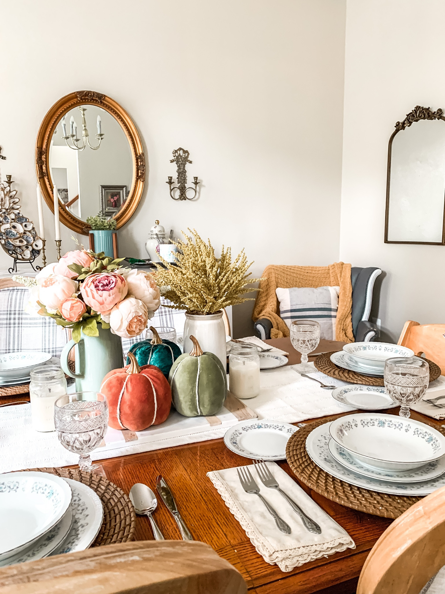 Fall tablescape 
Fall decor 
Velvet pumpkins 
Fall dining room decor 

#LTKhome #LTKHalloween #LTKunder50