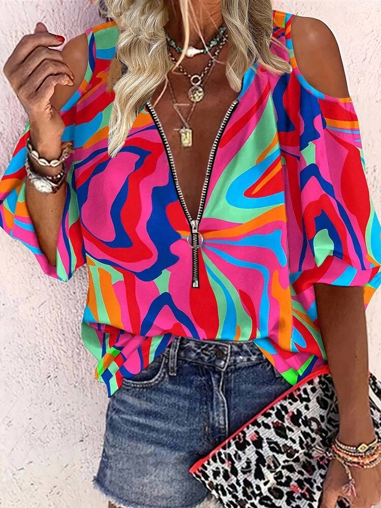 EMERY ROSE Women's Summer Loose Marble Printed Zipper Half-Placket Cold Shoulder Blouse | SHEIN