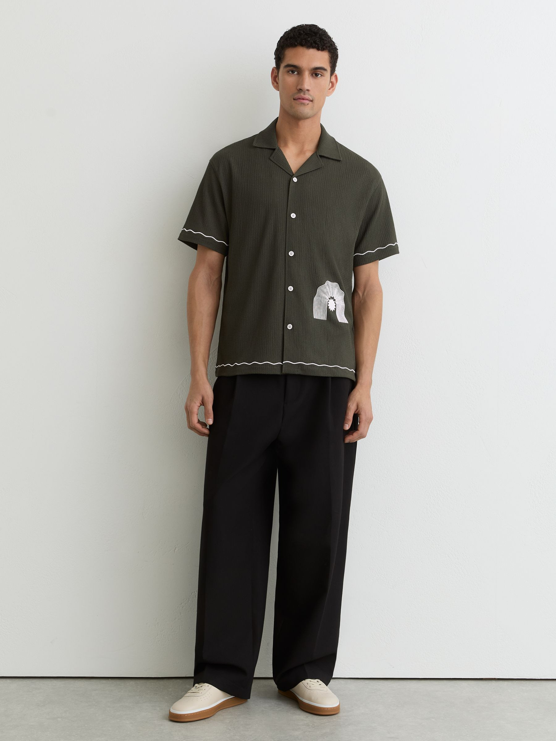 Reiss Textured Motif-Print Cuban-Collar Shirt in Dark Green - REISS | Reiss UK