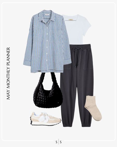 Monthly outfit planner: MAY: Spring looks | striped button up, joggers, sneakers, woven tote bag, white tee 

Casual style, Athleisure, activewear, loungewear 

See the entire calendar on thesarahstories.com ✨ 


#LTKFitness #LTKStyleTip