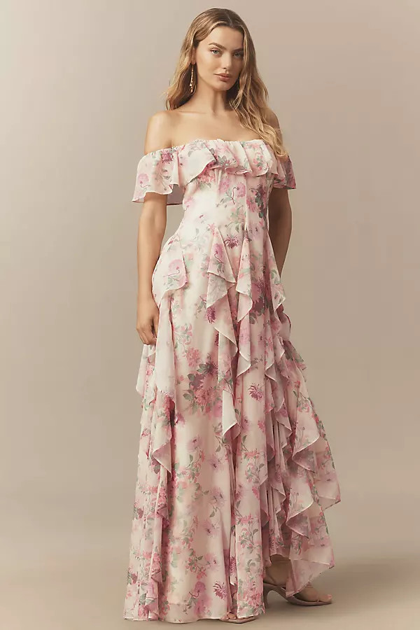 BHLDN Chiffon Scoop-Neck Ruffle Maxi Dress | Anthropologie (US)