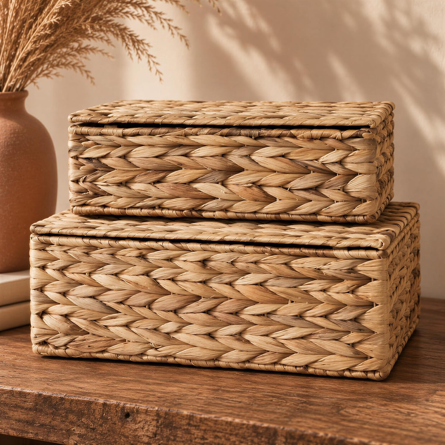 ZICOTO Decorative Storage Boxes with Lids - Set of 2 Beautiful Wicker Organizer Bins for Your Bookshelf Home Decor - Safely Store Photos, Documents, and Memory Box Keepsakes in Stylish Rattan Design | Amazon (US)
