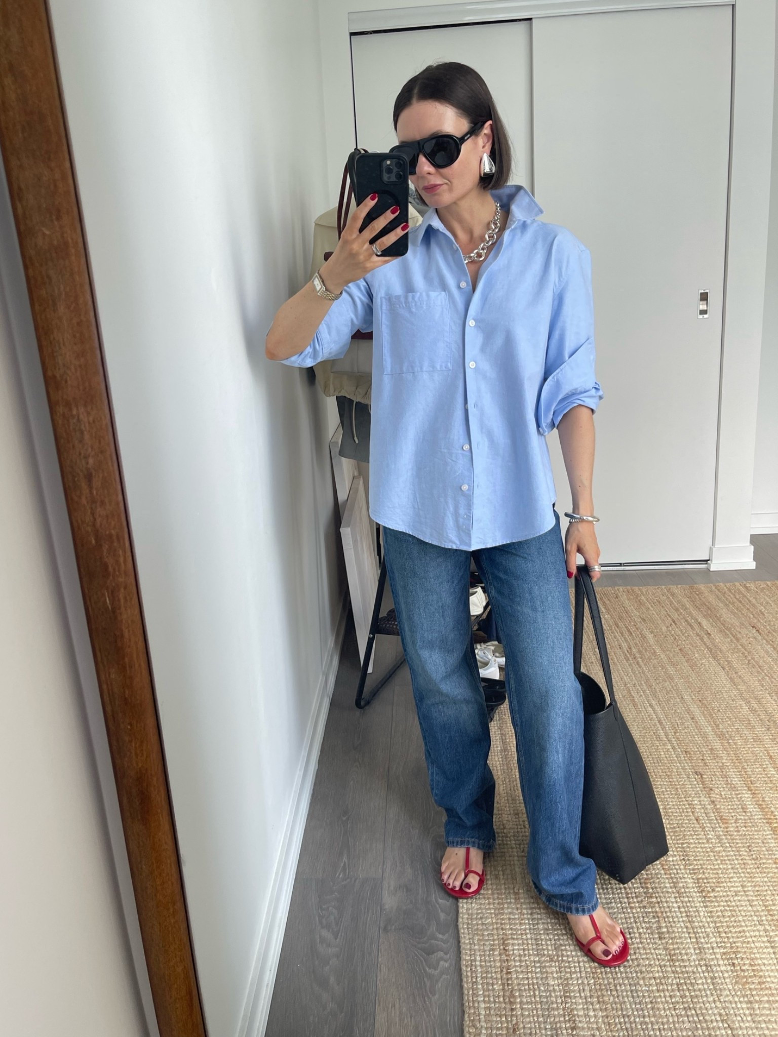 Forgot how much I love this blue shirt! I’m wearing a S. Jeans are the best fit and I have a size 0 (tts), and the chicest red sandals!

#LTKcanada #LTKsummer #LTKjeans