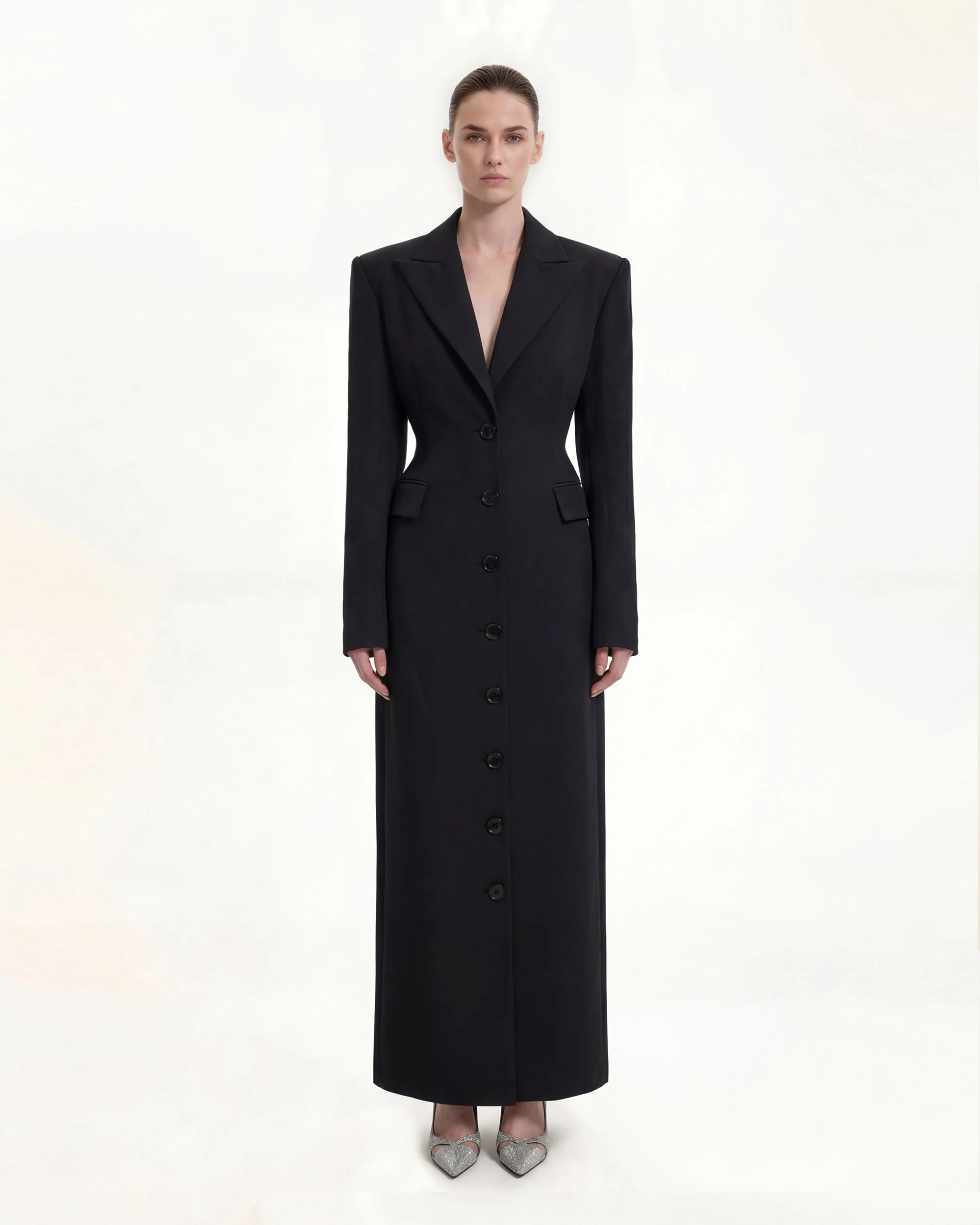 Structured Shoulder Fitted Lapel Maxi Coat - Black | JW PEI US