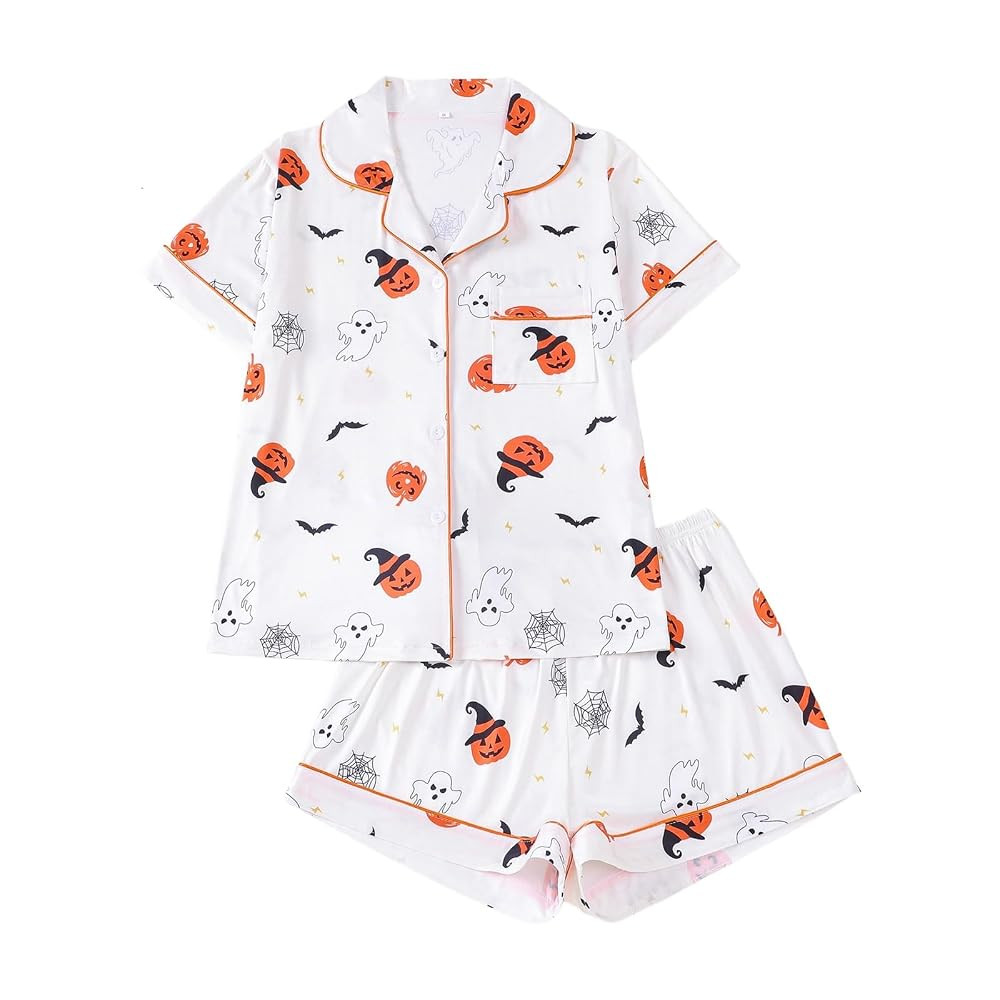Halloween Pajama Set for Women 2025 Cute Pumpkin Ghost Graphic 2 Piece Outfits Button Down Shirt ... | Amazon (CA)