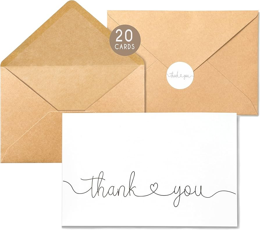 SPEBE Thank You Cards with Kraft Envelopes & Stickers, Bulk Pack of 20, Elegant 4x6-inch Design Modern Minimalist , Large Notes for Wedding,Bridal Shower, Business, Baby Small Business,Funeral, | Amazon (US)