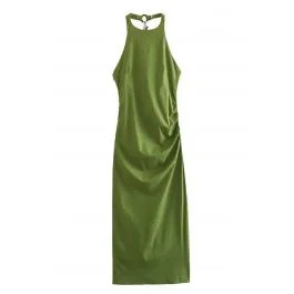 Refreshing Green Halter Neck Linen Dress | Chicwish